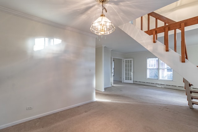 carpeted empty room with an inviting chandelier, ornamental molding, and a baseboard radiator