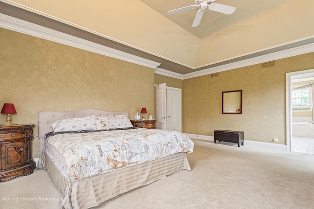 bedroom featuring ceiling fan, a towering ceiling, baseboards, carpet flooring, and visible vents