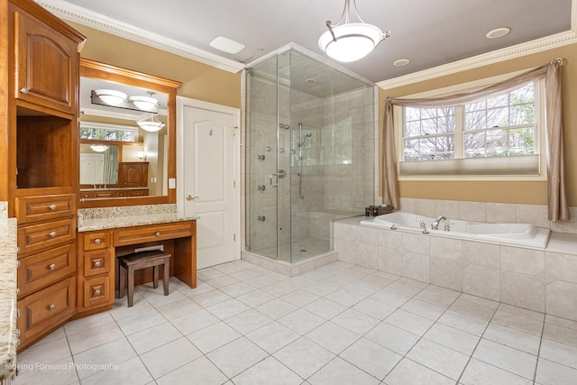 bathroom featuring a bath, tile patterned floors, a shower stall, and ornamental molding