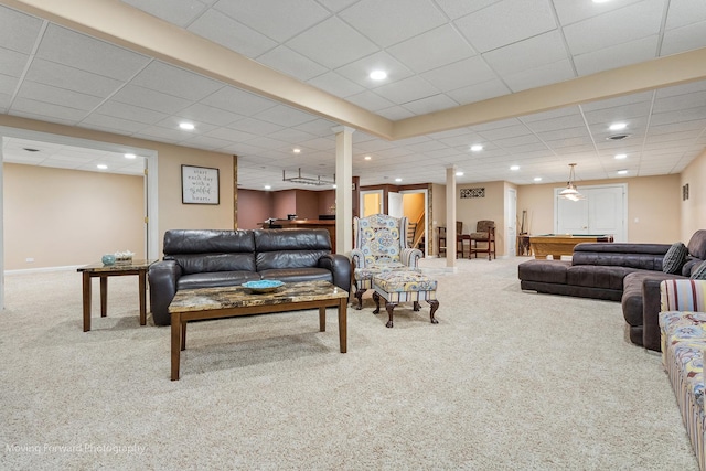 carpeted living room featuring pool table, recessed lighting, and a drop ceiling