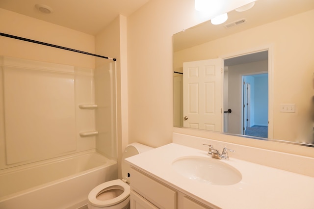 full bathroom with shower / bathing tub combination, vanity, and toilet