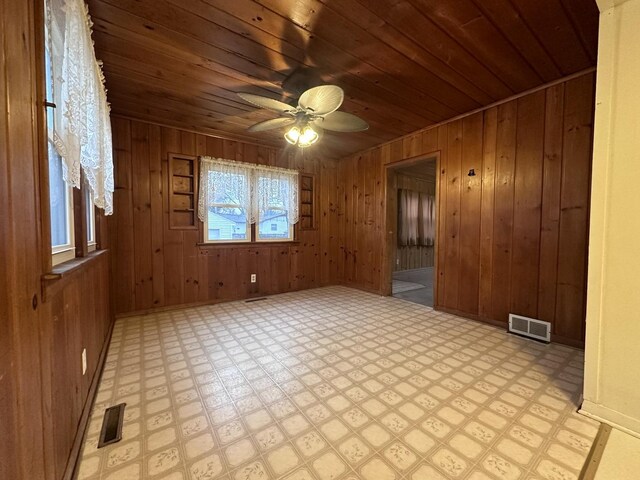 unfurnished living room featuring ceiling fan, wooden ceiling, and wood walls