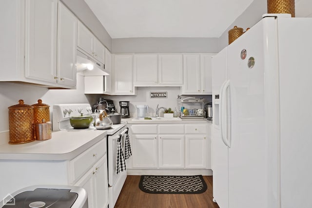 kitchen featuring sink, white cabinets, dark hardwood / wood-style floors, and white appliances