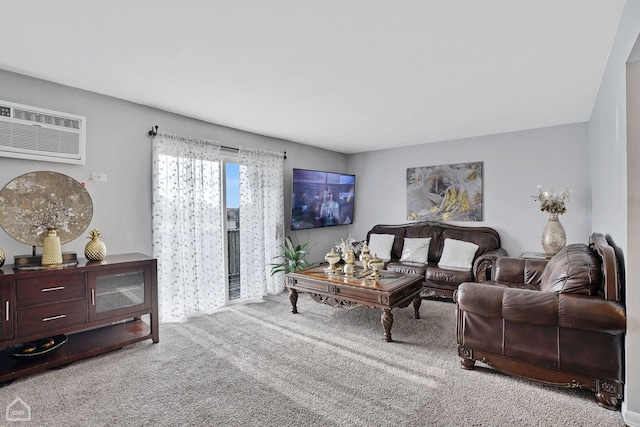 carpeted living room with a wall mounted air conditioner