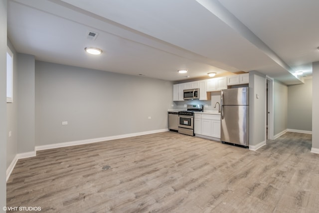 kitchen featuring white cabinets, light wood-type flooring, and stainless steel appliances