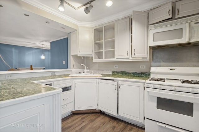 kitchen with sink, decorative light fixtures, white appliances, white cabinets, and ornamental molding