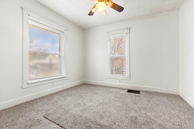 spare room with carpet, ceiling fan, and ornamental molding