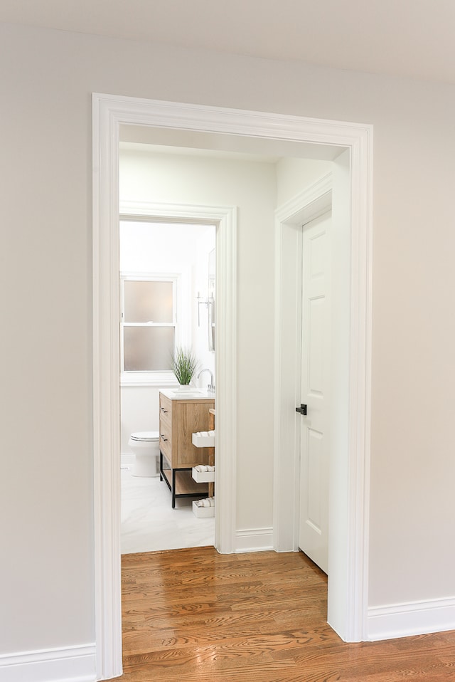 hallway with hardwood / wood-style flooring