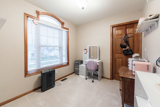 office area featuring light carpet