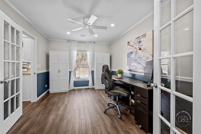 office area with crown molding, dark hardwood / wood-style floors, french doors, and ceiling fan