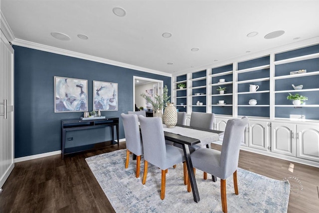 dining area featuring crown molding, dark hardwood / wood-style flooring, and built in shelves