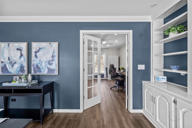 interior space with french doors, ornamental molding, built in shelves, and dark wood-type flooring