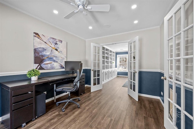 home office with french doors, dark hardwood / wood-style floors, crown molding, and ceiling fan