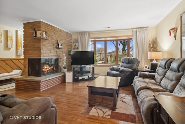 living room featuring a fireplace and wood-type flooring