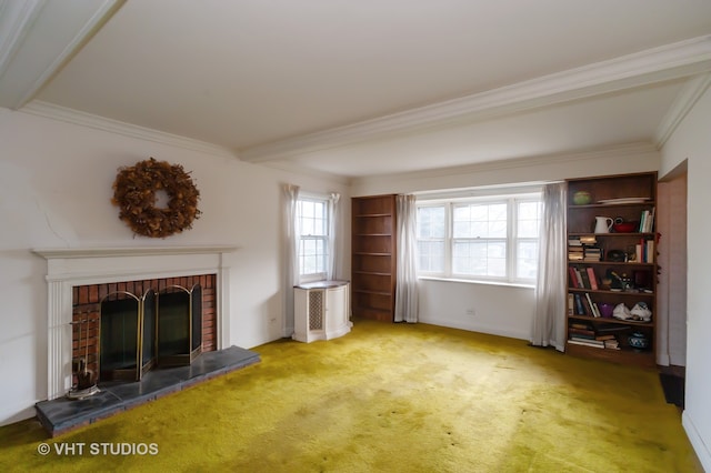 unfurnished living room with a fireplace, carpet flooring, and ornamental molding