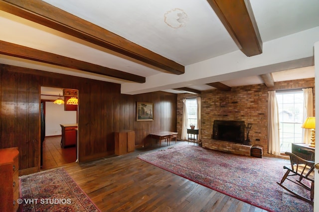 living room featuring wooden walls, dark hardwood / wood-style flooring, a fireplace, and a wealth of natural light