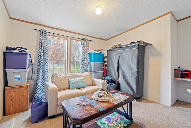 carpeted living room with crown molding and a textured ceiling