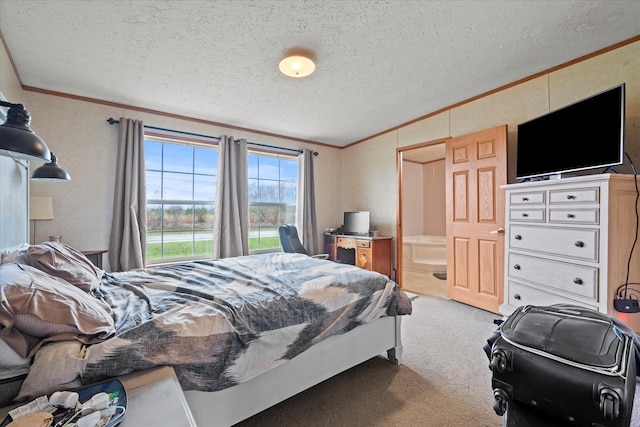 carpeted bedroom featuring crown molding and a textured ceiling