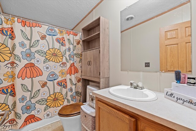 bathroom with vanity, toilet, lofted ceiling, and a textured ceiling