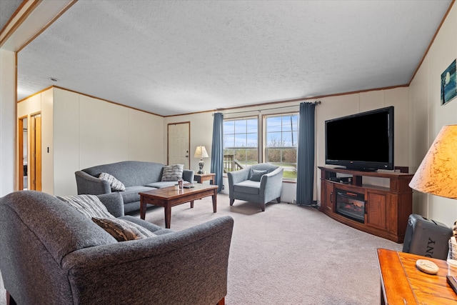 carpeted living room with a textured ceiling and ornamental molding