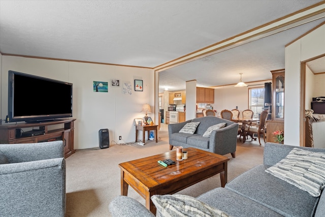 carpeted living room with lofted ceiling, a textured ceiling, and crown molding