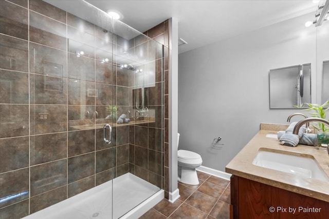 bathroom with tile patterned flooring, vanity, toilet, and an enclosed shower