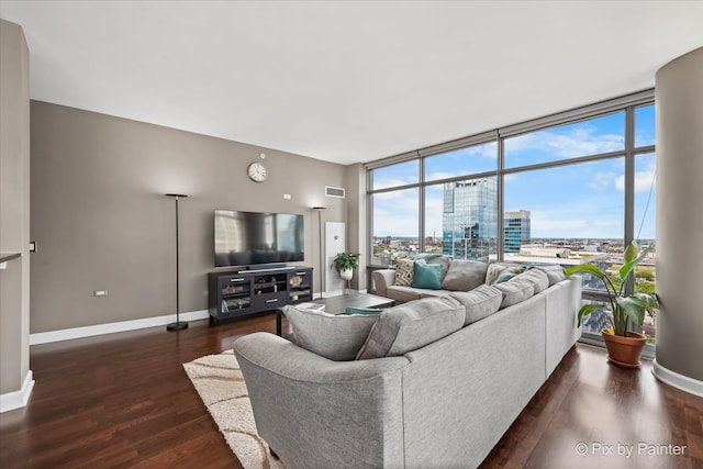 living room featuring floor to ceiling windows and dark hardwood / wood-style flooring