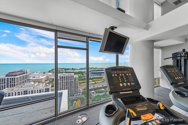 interior space featuring a water view and carpet floors