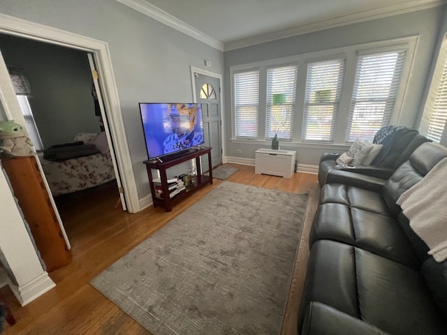 living room with hardwood / wood-style flooring and crown molding