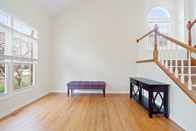 sitting room with a high ceiling, light hardwood / wood-style floors, and a healthy amount of sunlight