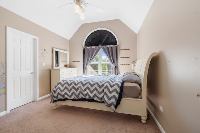 bedroom featuring ceiling fan, light colored carpet, and lofted ceiling