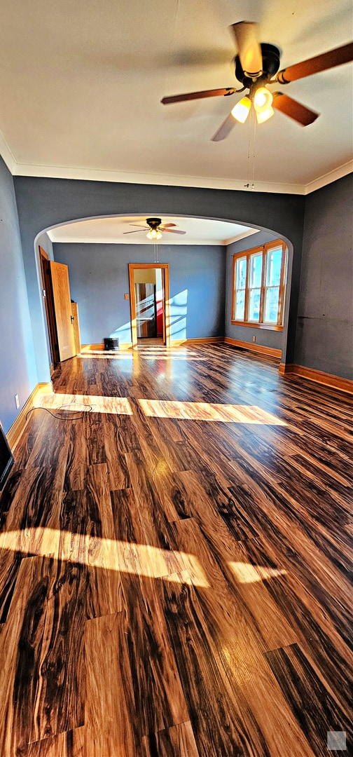 spare room with crown molding, ceiling fan, and hardwood / wood-style flooring