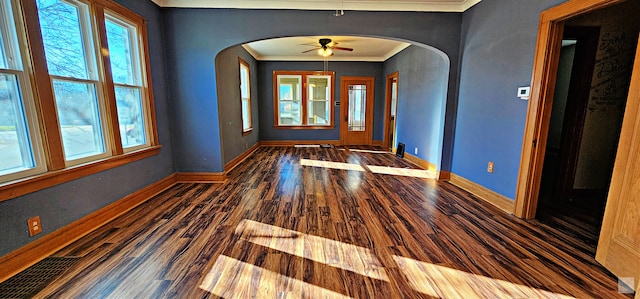 foyer entrance featuring ornamental molding, ceiling fan, and dark wood-type flooring