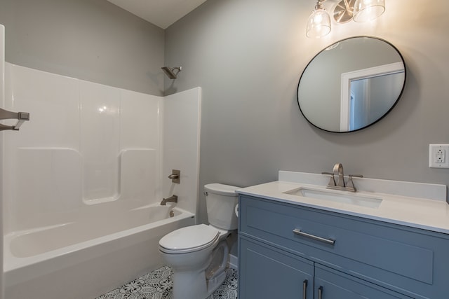 full bathroom featuring tile patterned flooring, vanity,  shower combination, and toilet