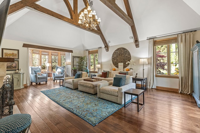 living room with beam ceiling, an inviting chandelier, high vaulted ceiling, and wood-type flooring