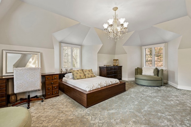 carpeted bedroom with vaulted ceiling, an inviting chandelier, and multiple windows