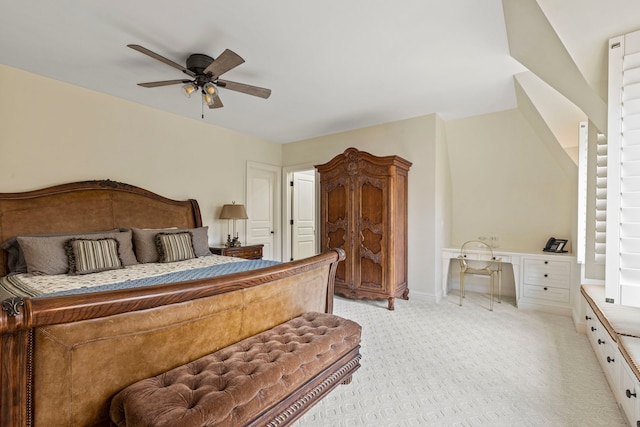 bedroom with light colored carpet and ceiling fan