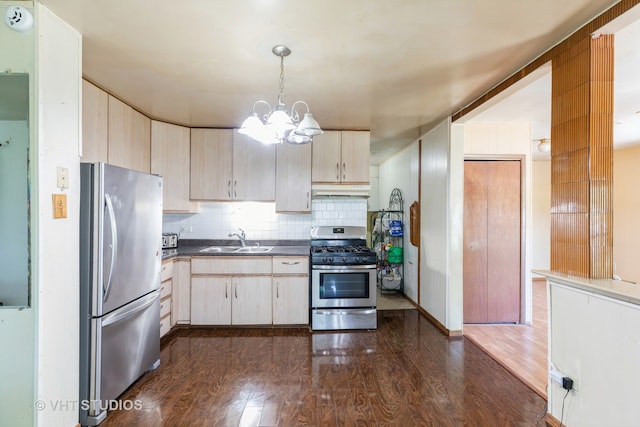 kitchen featuring sink, hanging light fixtures, dark wood-type flooring, decorative backsplash, and appliances with stainless steel finishes