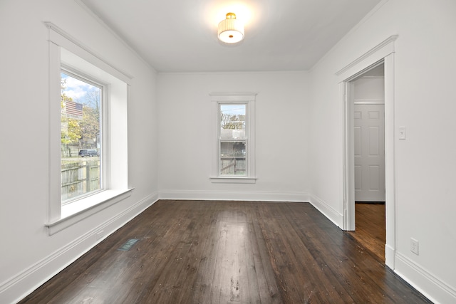 empty room featuring a healthy amount of sunlight and dark hardwood / wood-style flooring