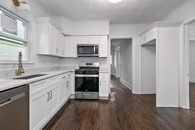 kitchen featuring dark wood-type flooring, light stone countertops, sink, and stainless steel appliances