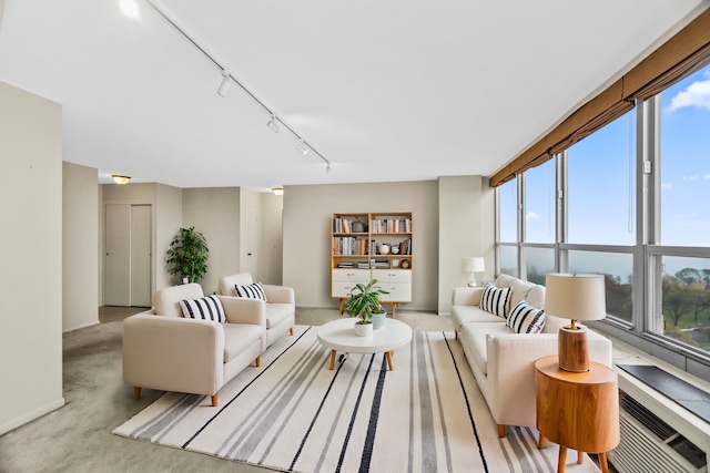 living room with rail lighting and light colored carpet