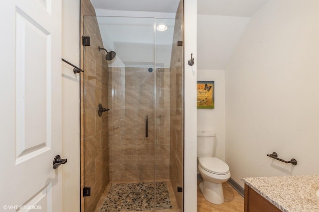 bathroom featuring toilet, vanity, and a shower with shower door