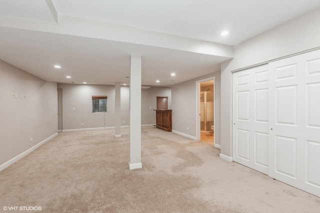 basement with light carpet