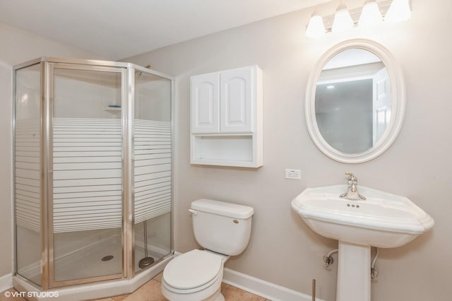 bathroom with tile patterned floors, toilet, and an enclosed shower