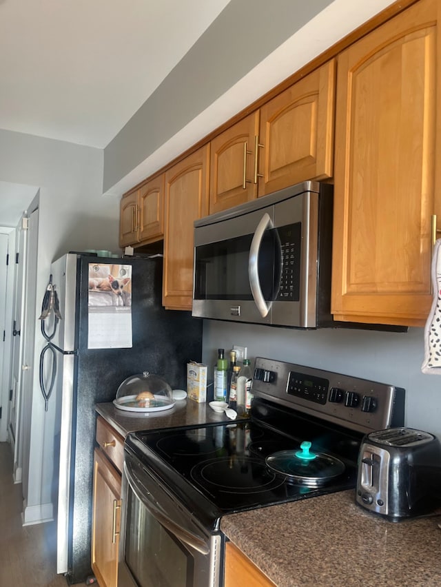 kitchen with dark hardwood / wood-style flooring and stainless steel appliances