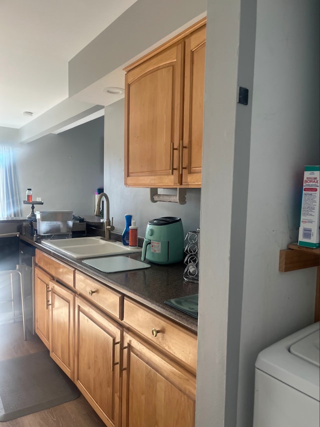 kitchen with washer / clothes dryer, dishwasher, sink, and dark wood-type flooring