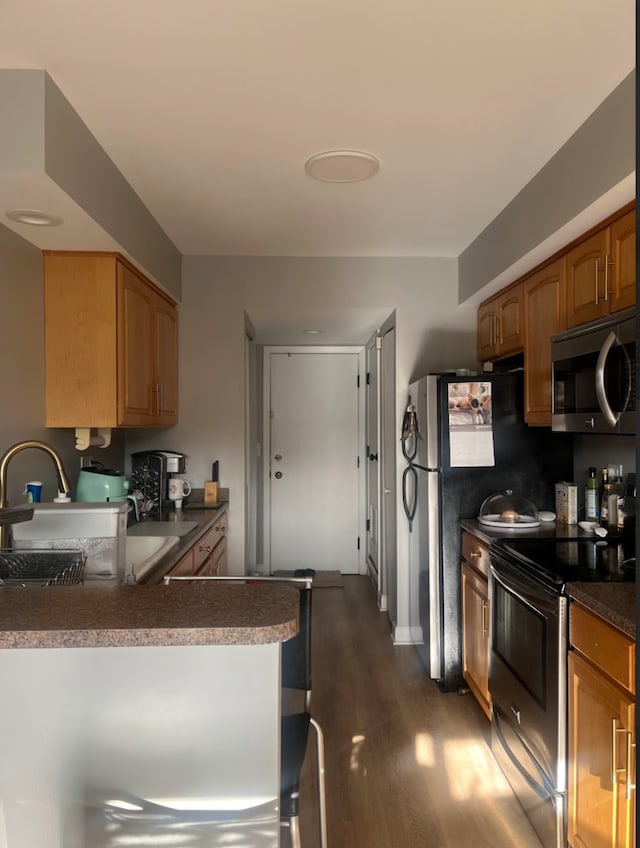 kitchen featuring kitchen peninsula, sink, dark wood-type flooring, and appliances with stainless steel finishes