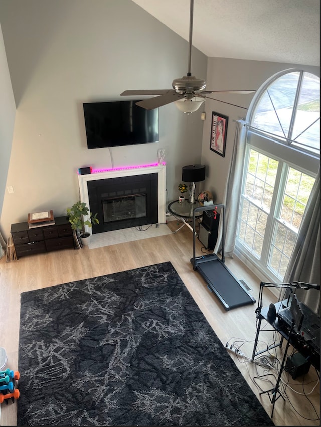 exercise room with ceiling fan, light wood-type flooring, and high vaulted ceiling