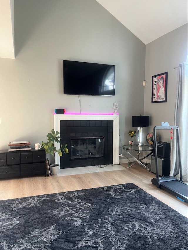 living room featuring a fireplace, hardwood / wood-style floors, and vaulted ceiling