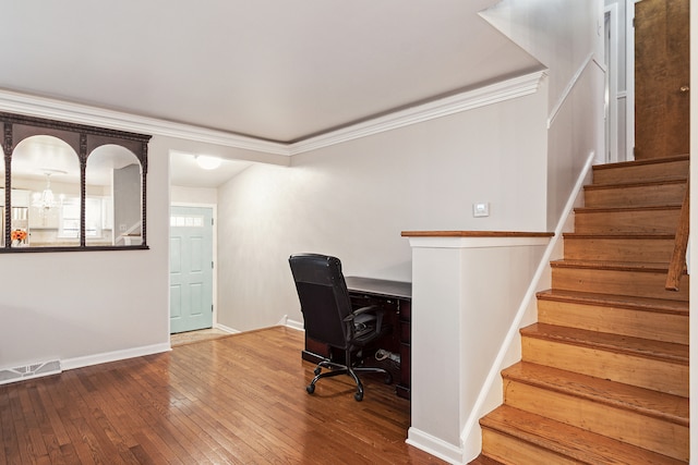 office space featuring crown molding and wood-type flooring